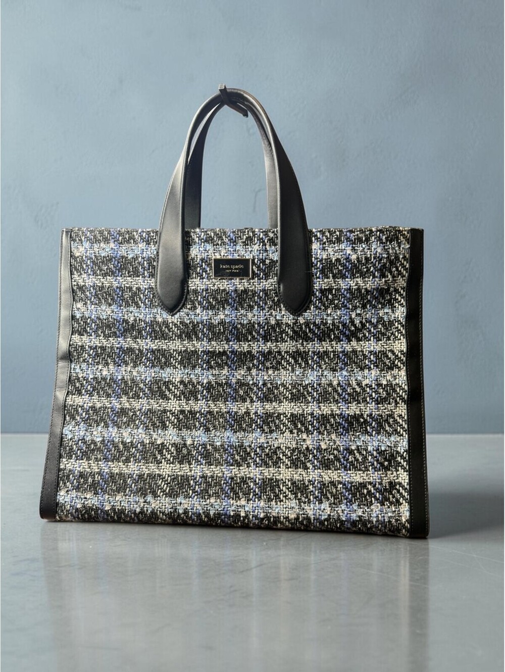 Kate Spade Manhattan Plaid Tweed Large Tote Black Blue Leather KI580 Crossbody
